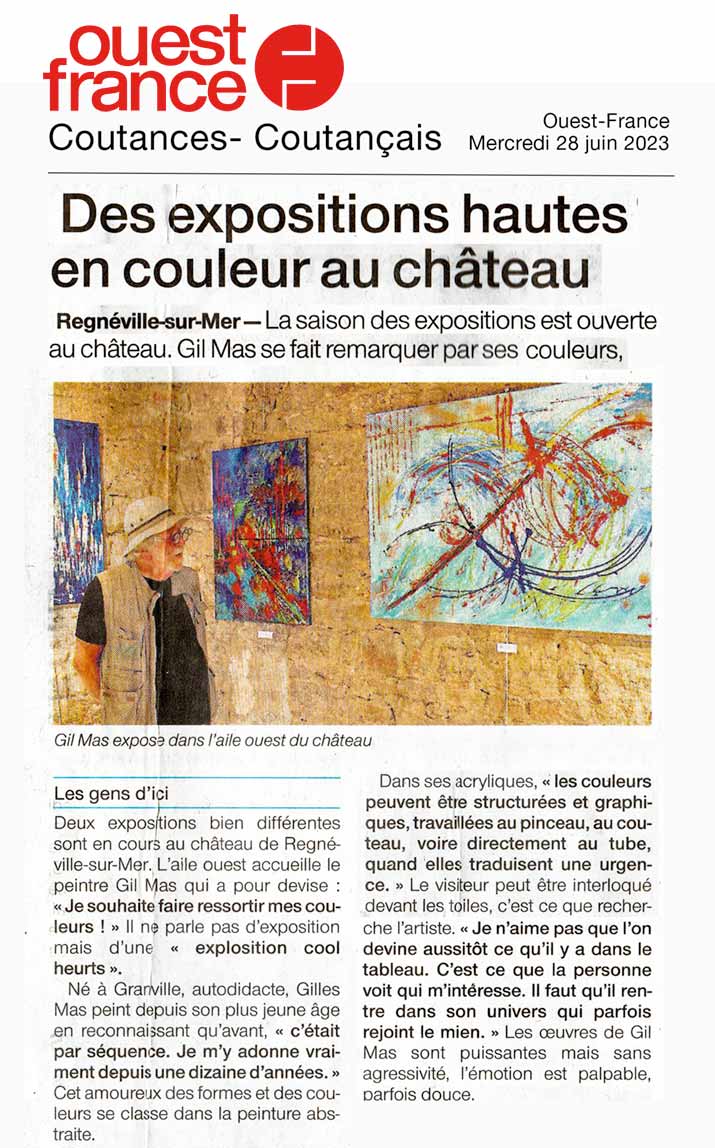 Article Ouest France - Exposition GIL MAS, peintre de Granville, à Regnéville-sur-Mer (Manche)