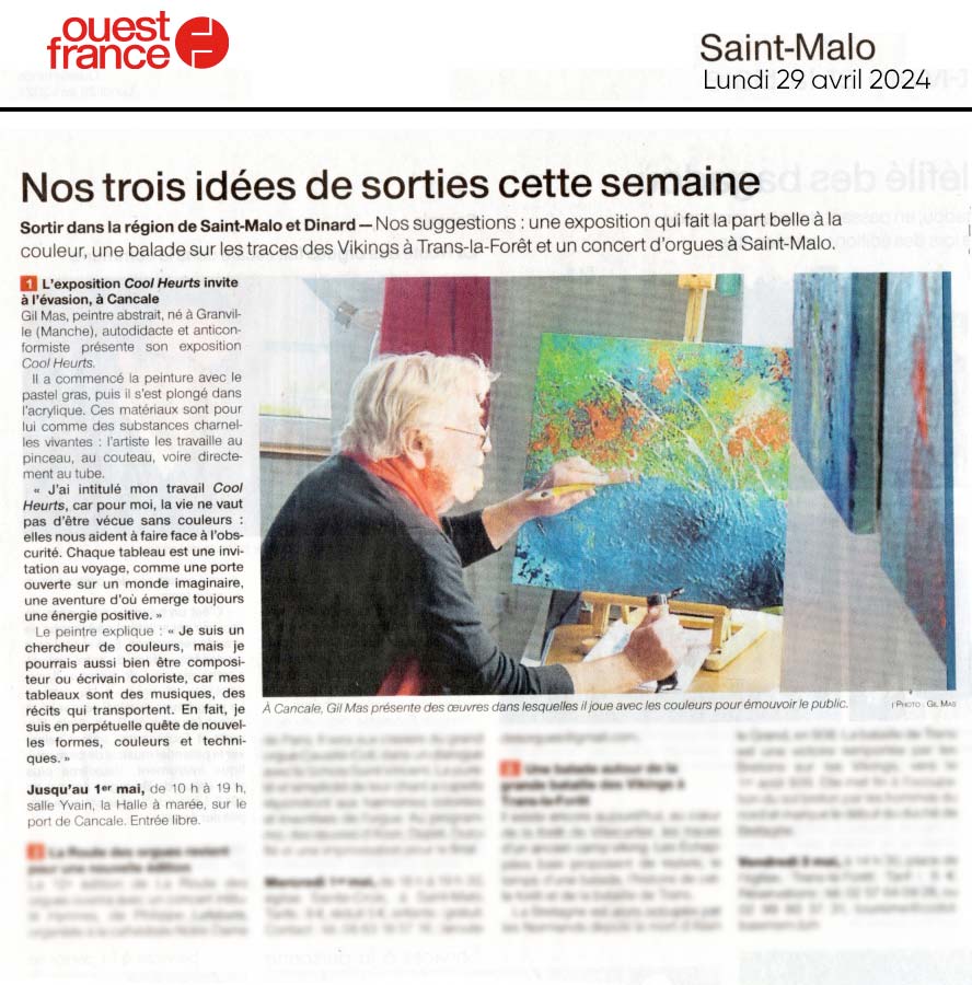 Article de presse Ouest France du 29 avril 2024 présentant l'exposition de Gil MAS artiste peintre